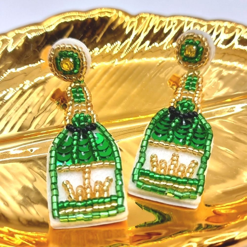 New Bling GREEN & GOLD exquisite glass seed bead champagne wine bottle earri…